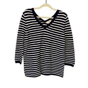 LOFT Outlet Navy White Striped‎ V Neck Sweater Size L 3/4 Sleeve Cotton